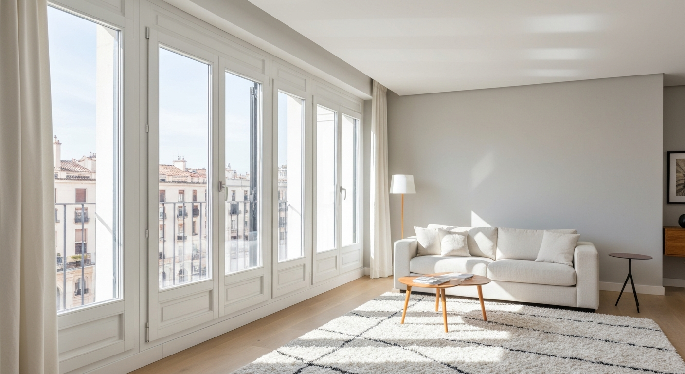 Salón luminoso de piso en Madrid con ventanas PVC modernas — Plan Renove ABC + deducción IRPF 2026