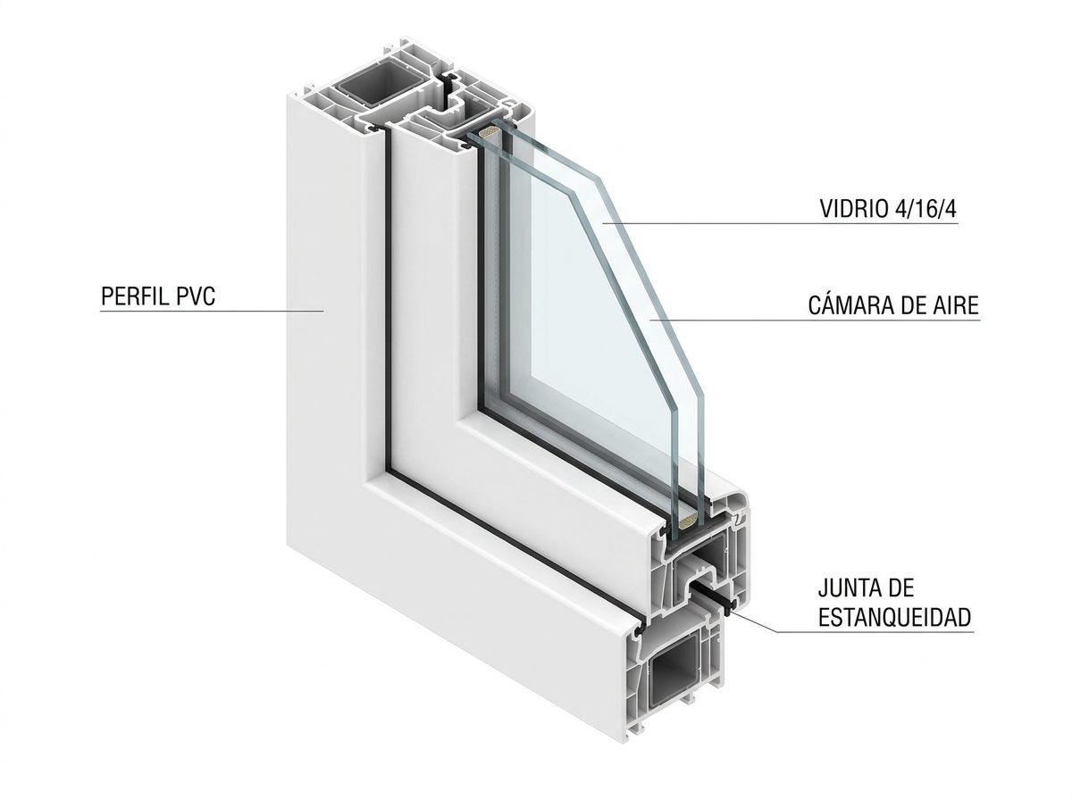 Diagrama anatomía de una ventana PVC: perfil, vidrio, cámaras y junta de estanqueidad