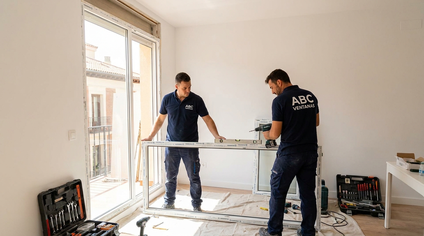 Instaladores profesionales ABC Ventanas montando una ventana PVC en piso de Madrid
