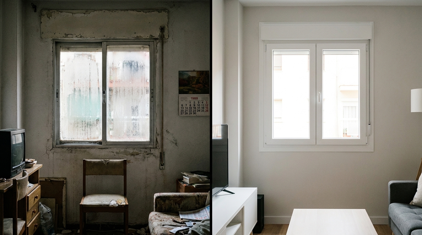 Comparativa antes y después: ventana antigua de aluminio vs ventana moderna PVC en piso de Madrid
