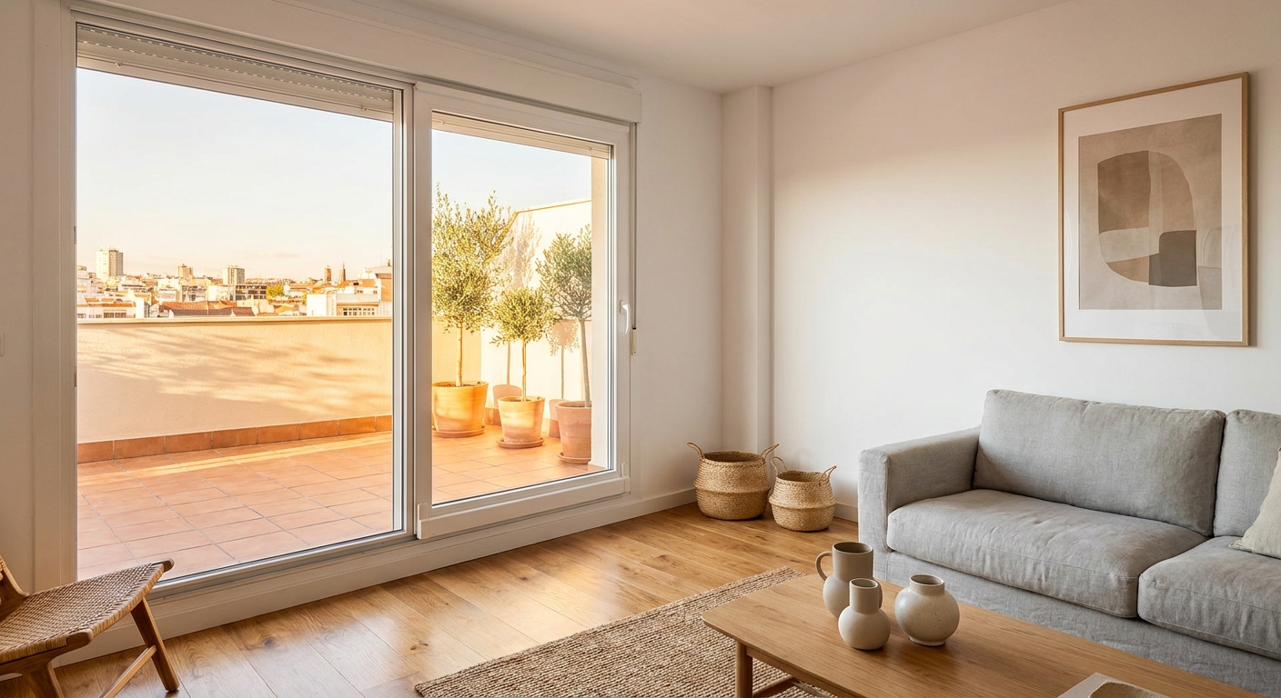 Salón con balconera grande de PVC en piso de Madrid — presupuesto cambio 8 ventanas 2026