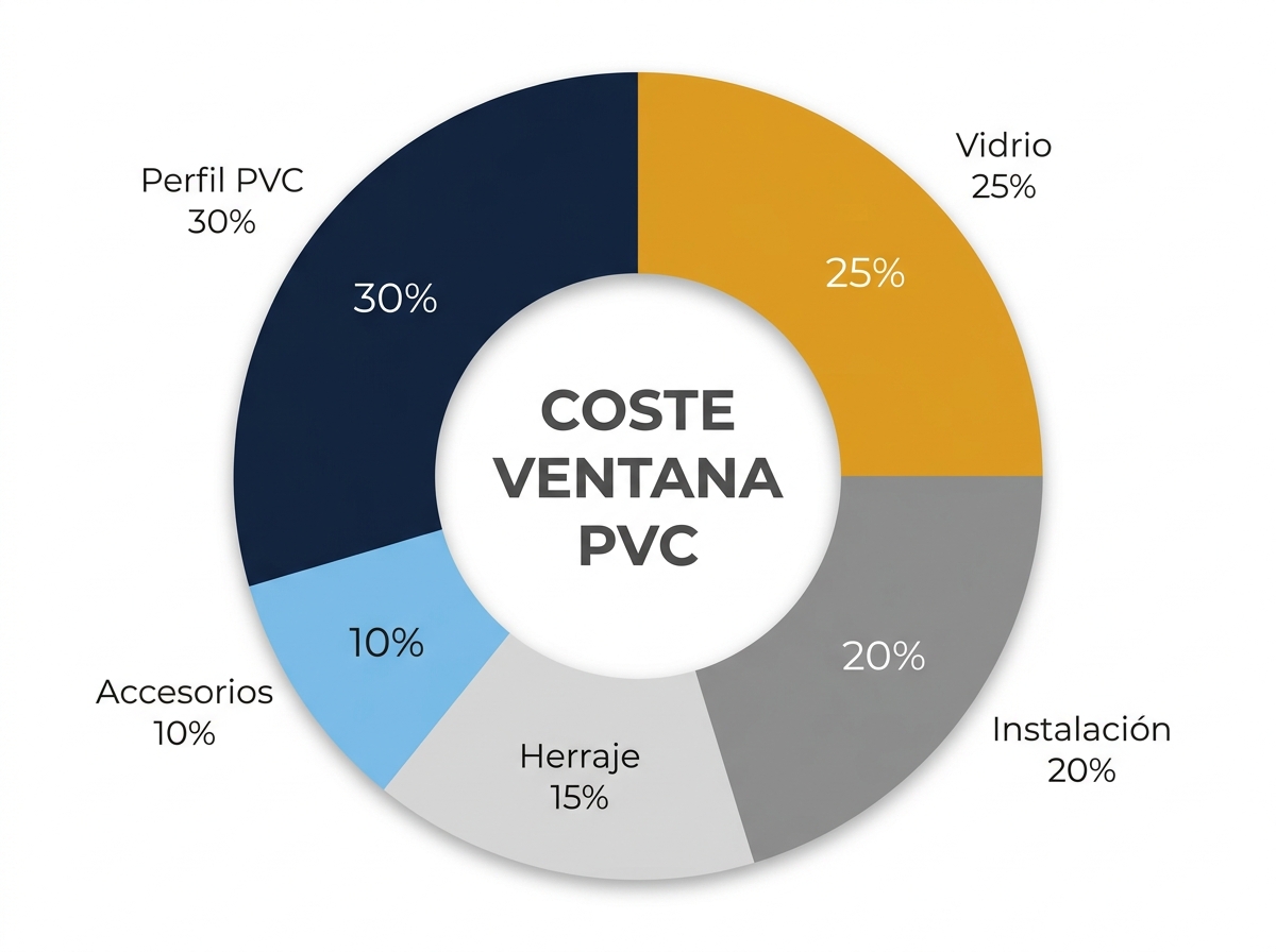 Diagrama orientativo distribución del coste de una ventana PVC: perfil 30%, vidrio 25%, instalación 20%, herraje 15%, accesorios 10%
