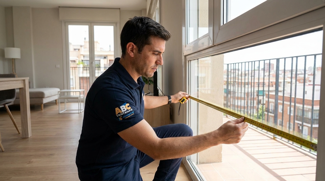 Comercial ABC Ventanas con uniforme corporativo midiendo el hueco para presupuesto